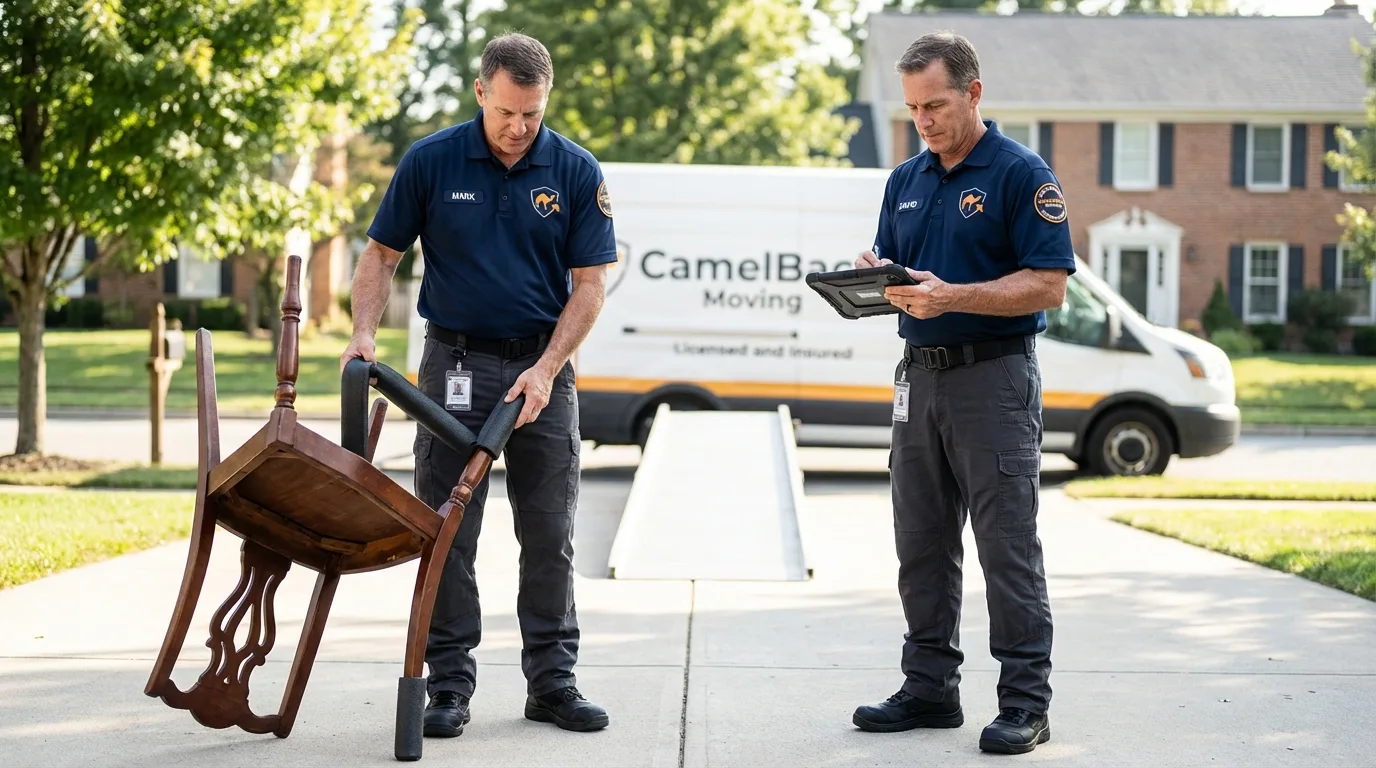 Movers inspecting furniture for damage prevention before loading in La Vergne, TN