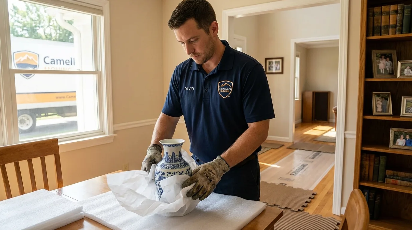 Professional crew carefully wrapping antique vase for senior downsizing move in La Vergne, TN