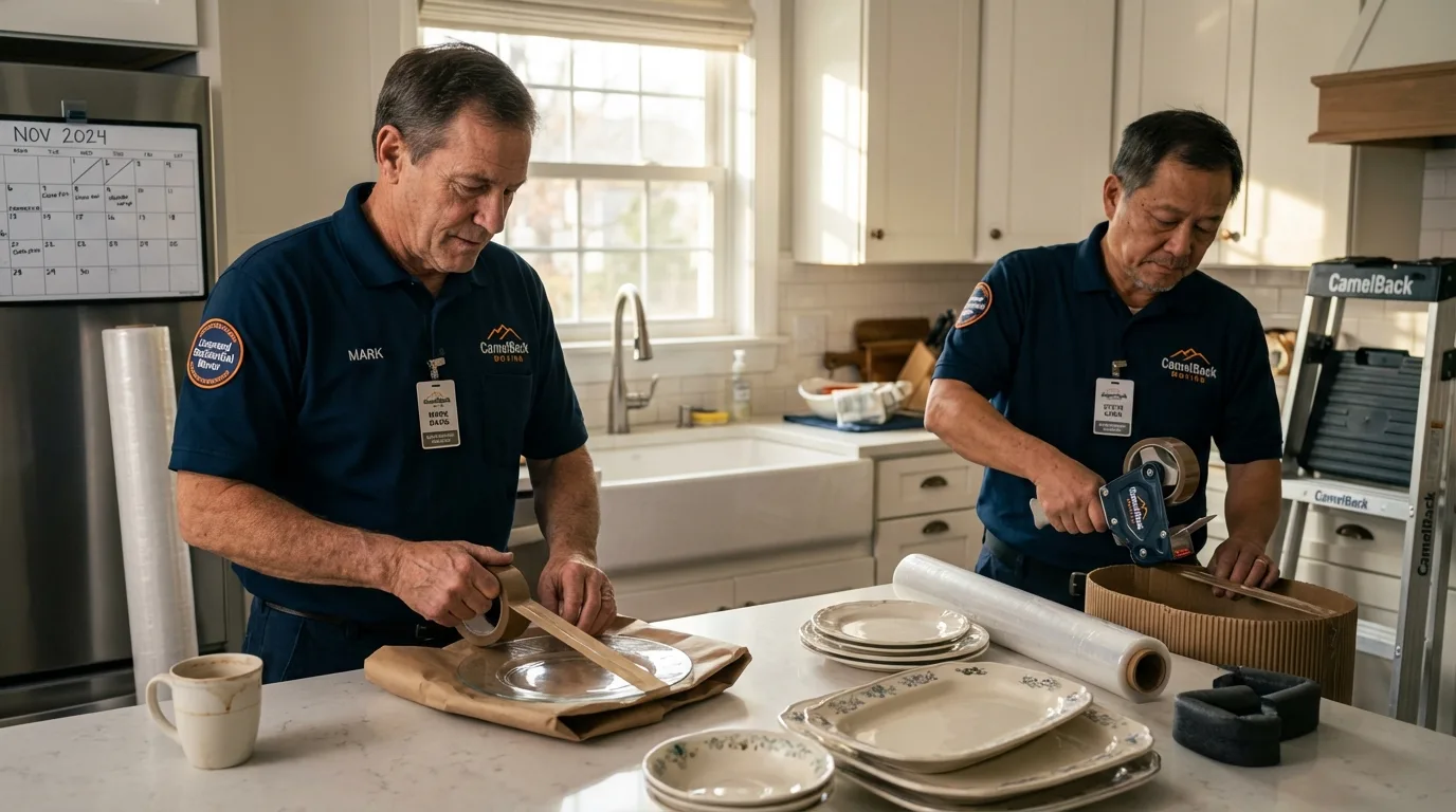 Professional crew packing kitchen dishware in La Vergne, TN